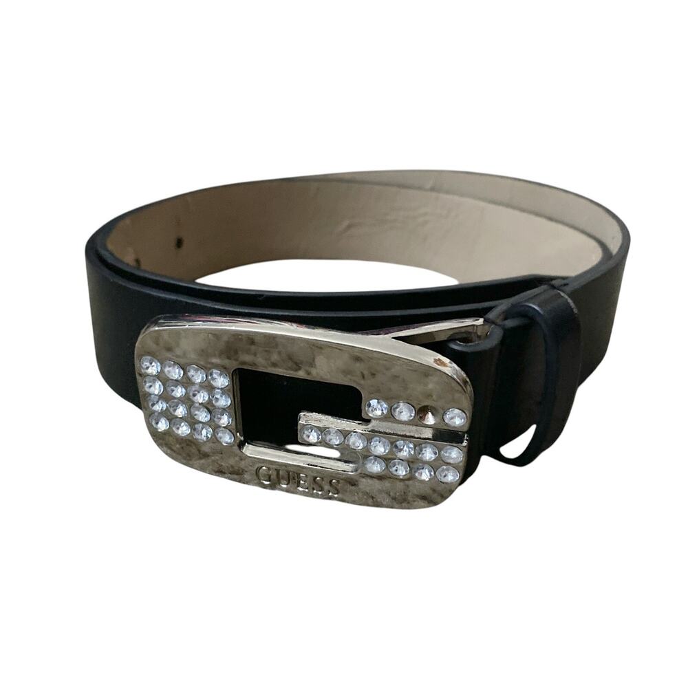 Guess Black Faux Leather Belt Womens Small Rhinestone Logo Silver Buckle Y2K